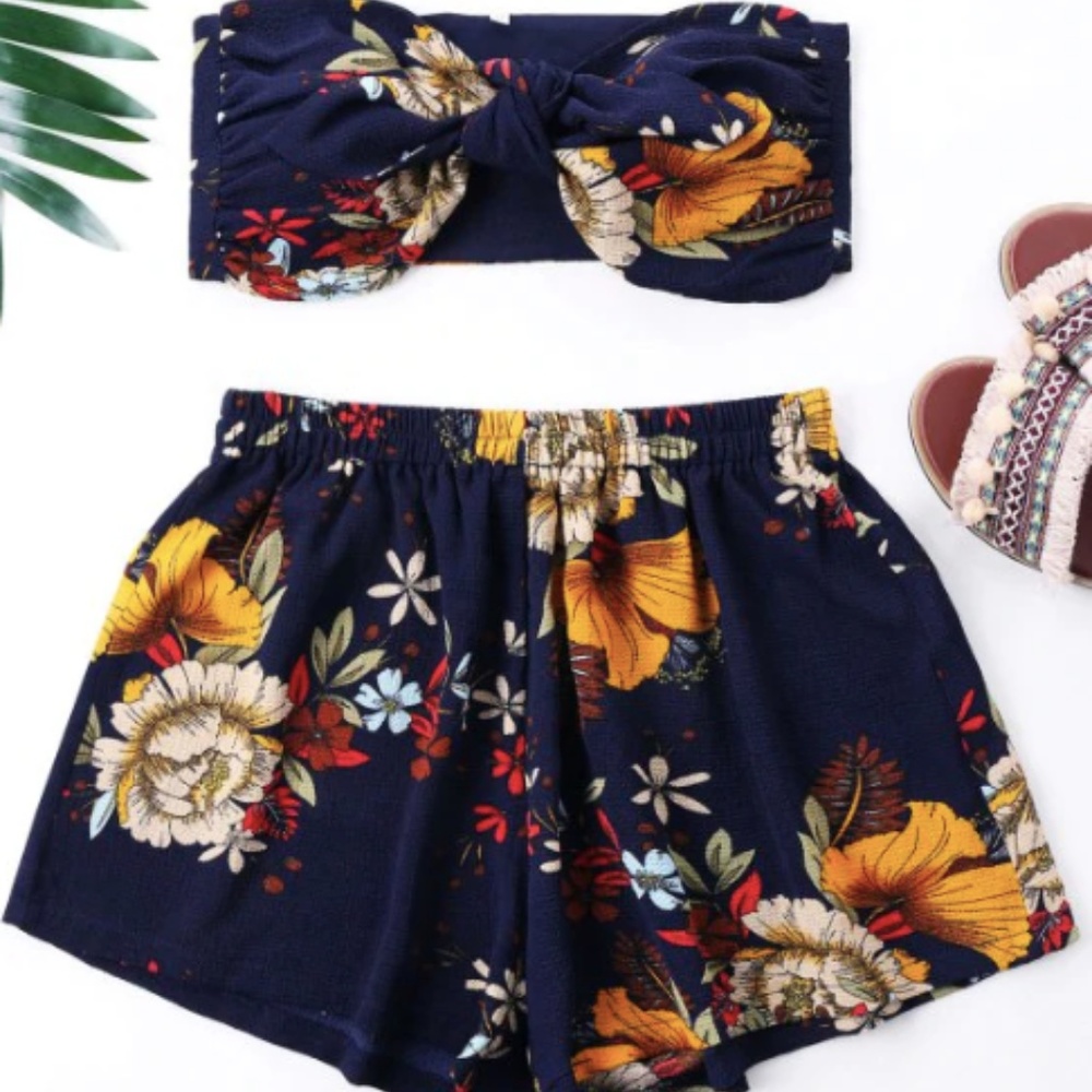 Two-Piece Flower Print Mini Tube Top And Shorts -
